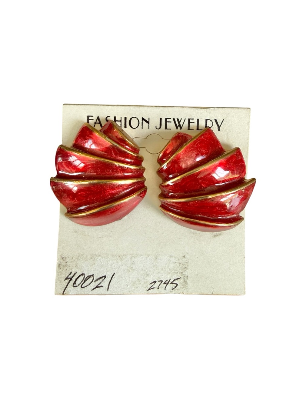 Vintage 90s Red Enamel Gold Tone Fan Clip On Earrings Chunky Statement NWT NOS